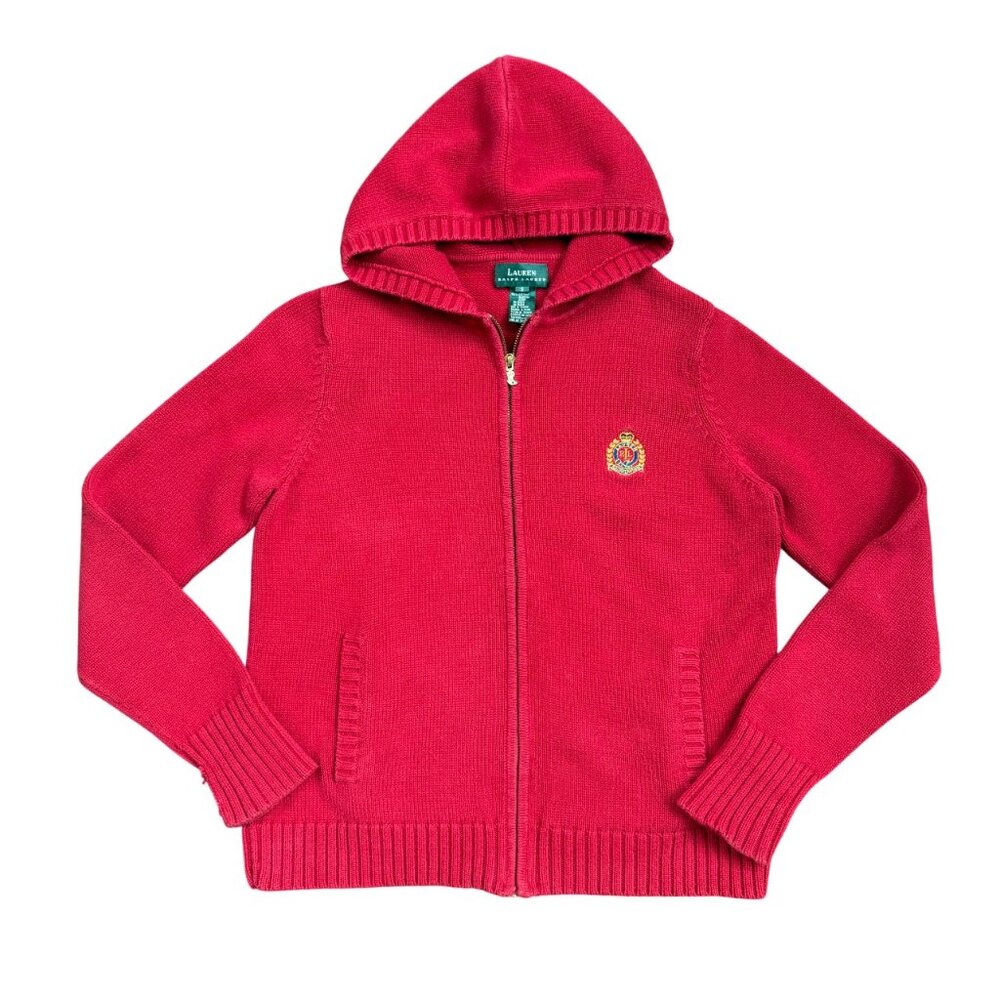 Vintage Lauren Ralph Lauren Cardigan Sweater Hoodie Crest Logo Red Womens Size S